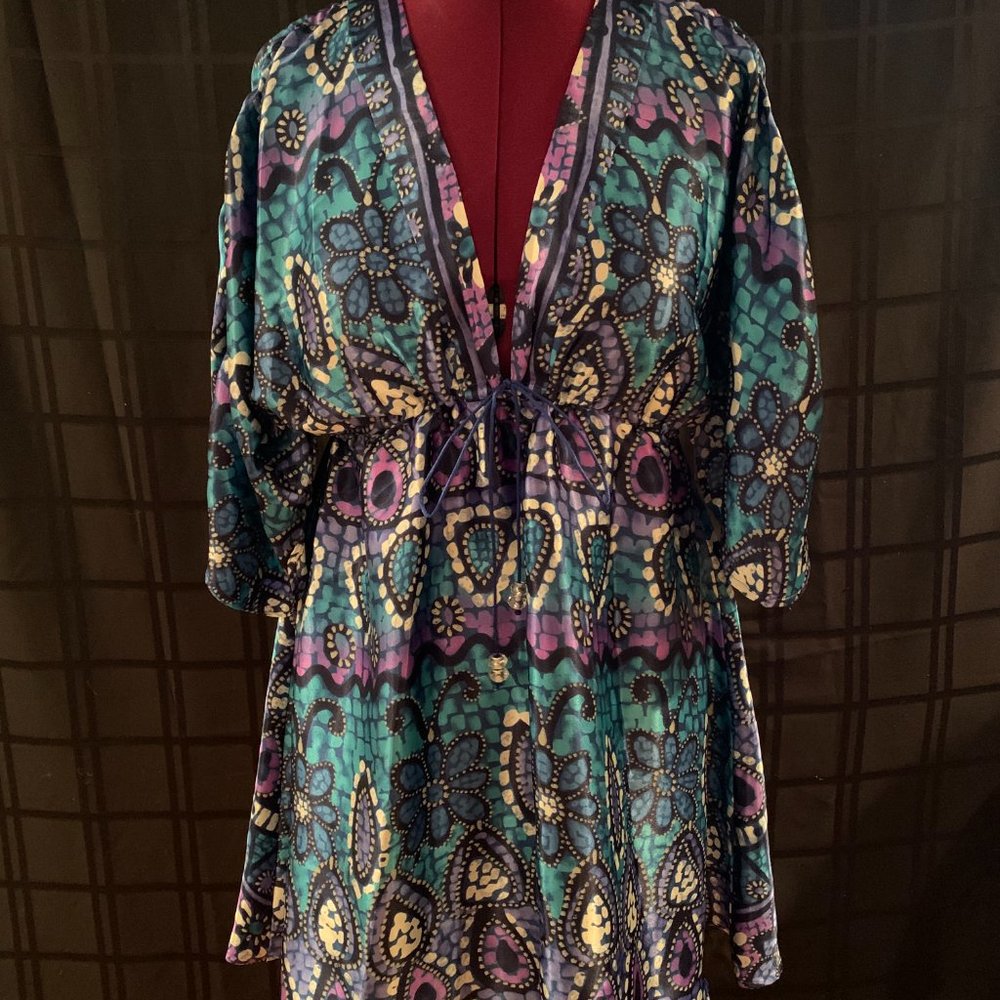 Blue, Purple, Aqua & White Silky Print Swimsuit Cover-Up